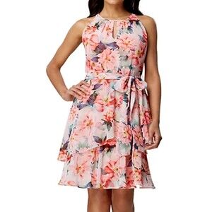 NEW Tahari ASL Sleeveless Floral Chiffon Sleeveless Tiered Dress SZ 2 Coral